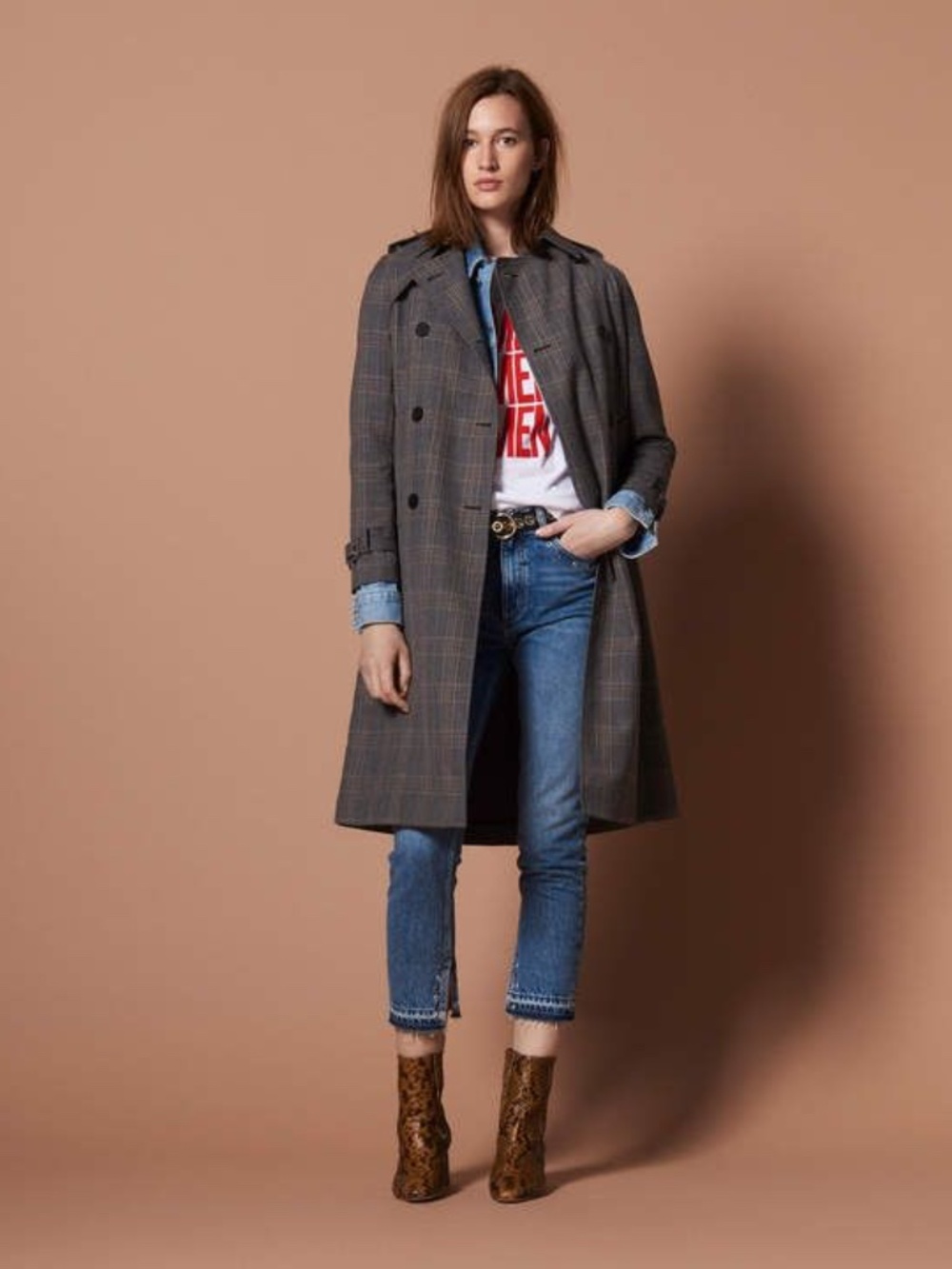 Sandro Paris Flowing Tartan Trench Coat 38